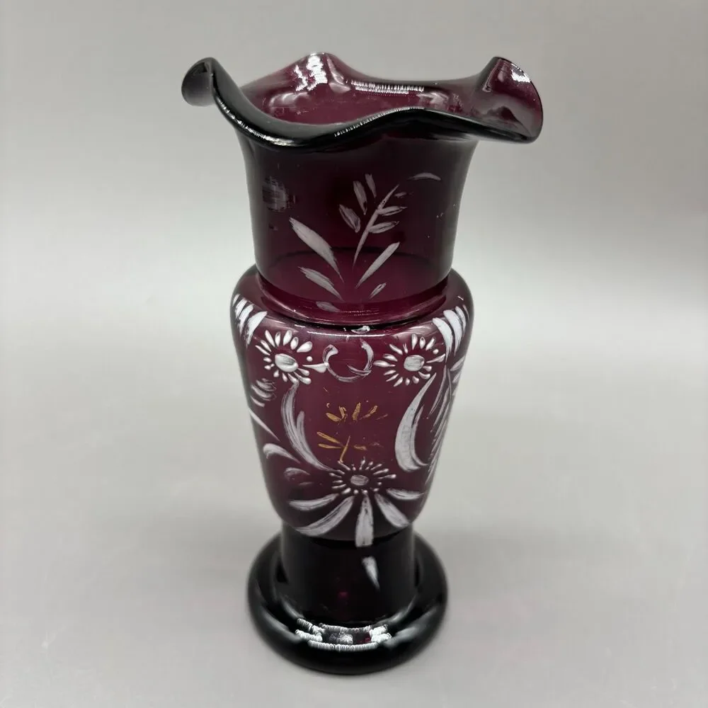 Vintage Amethyst Art Glass Vase Hand Blown Enameled Floral Ruffled Rim Pontil
